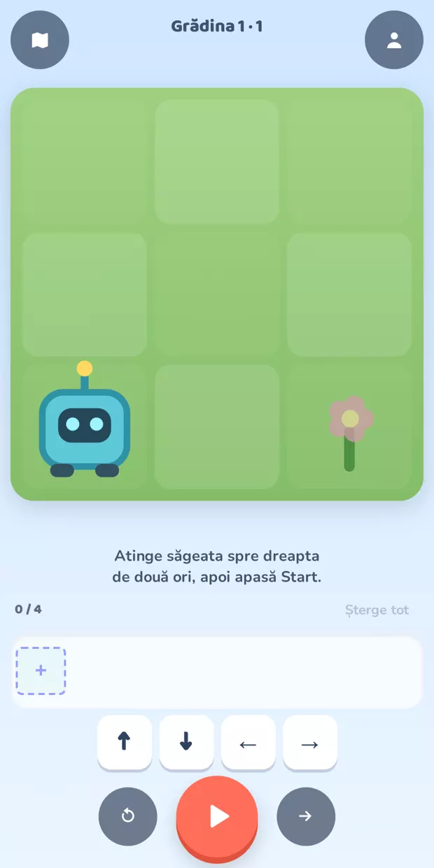 Primul nivel: robotul Robi în colțul grădinii și o floare la două pătrate distanță.
